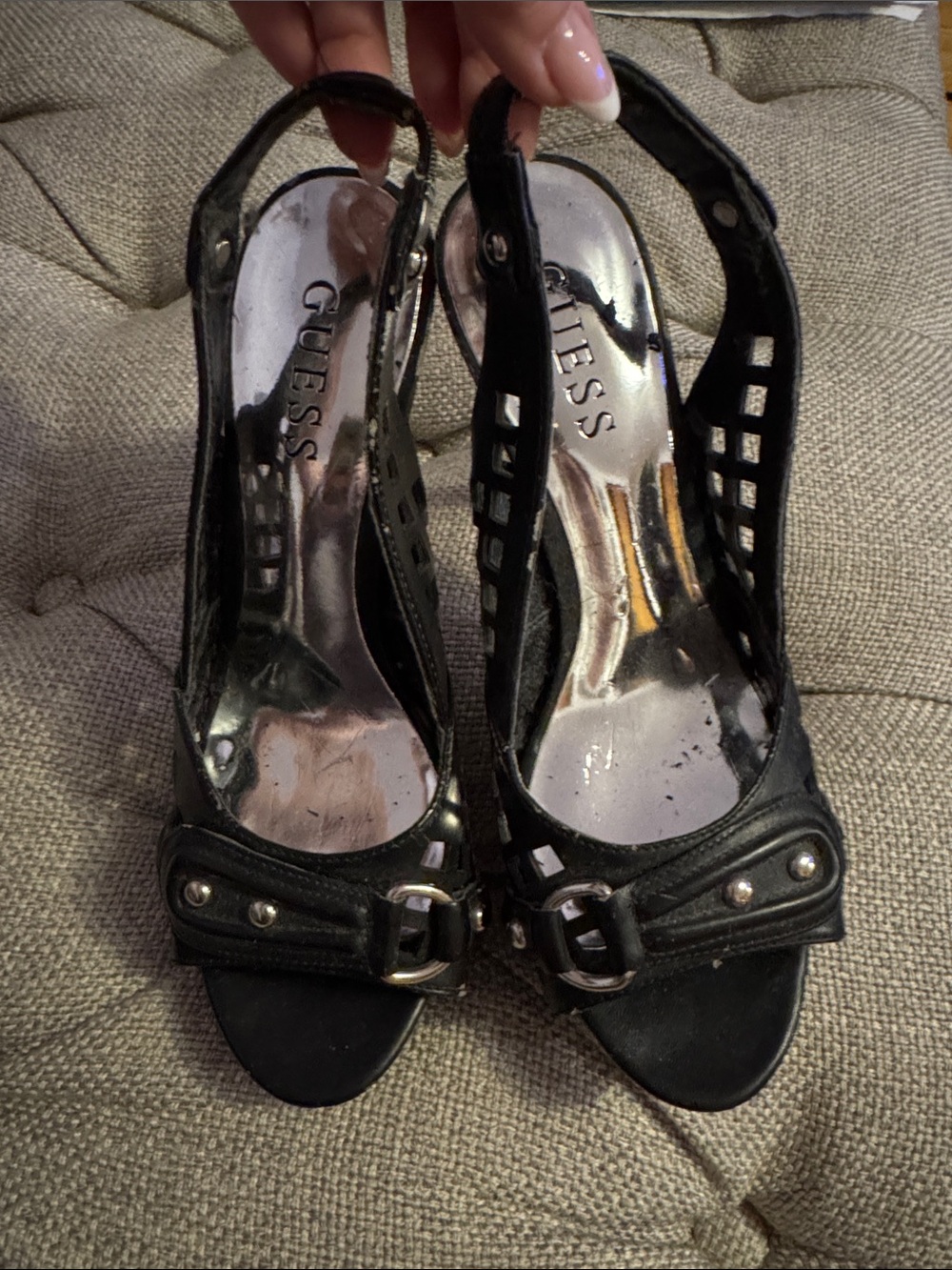 GUESS Black Open-Toe Slingback Heels with Buckle Accents